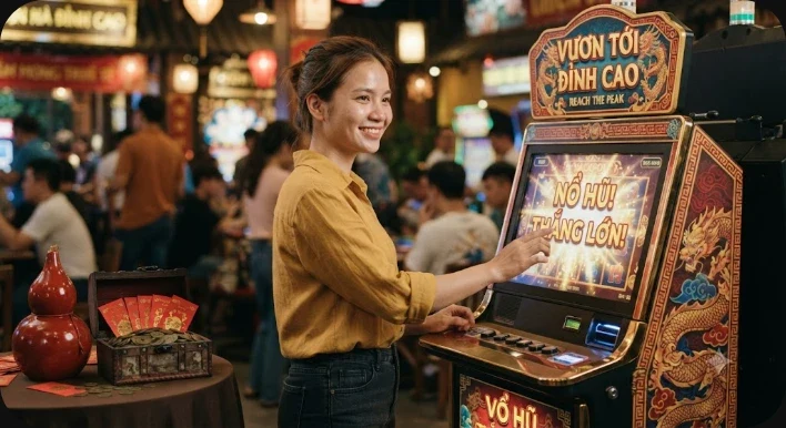 Ảnh minh họa cơ chế quay nổ hũ với các cuộn slot đang quay và đồng tiền vàng bay ra